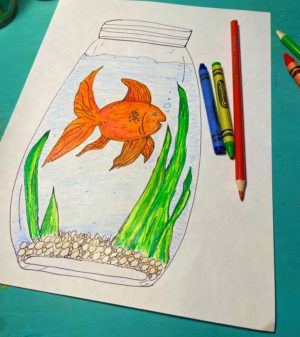 Complete fish in jar drawing with crayons and colored pencils.