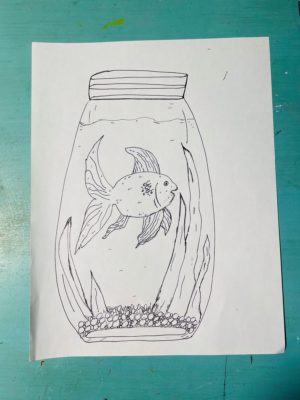 Adding details to the inside of the jar like pebbles and plants.